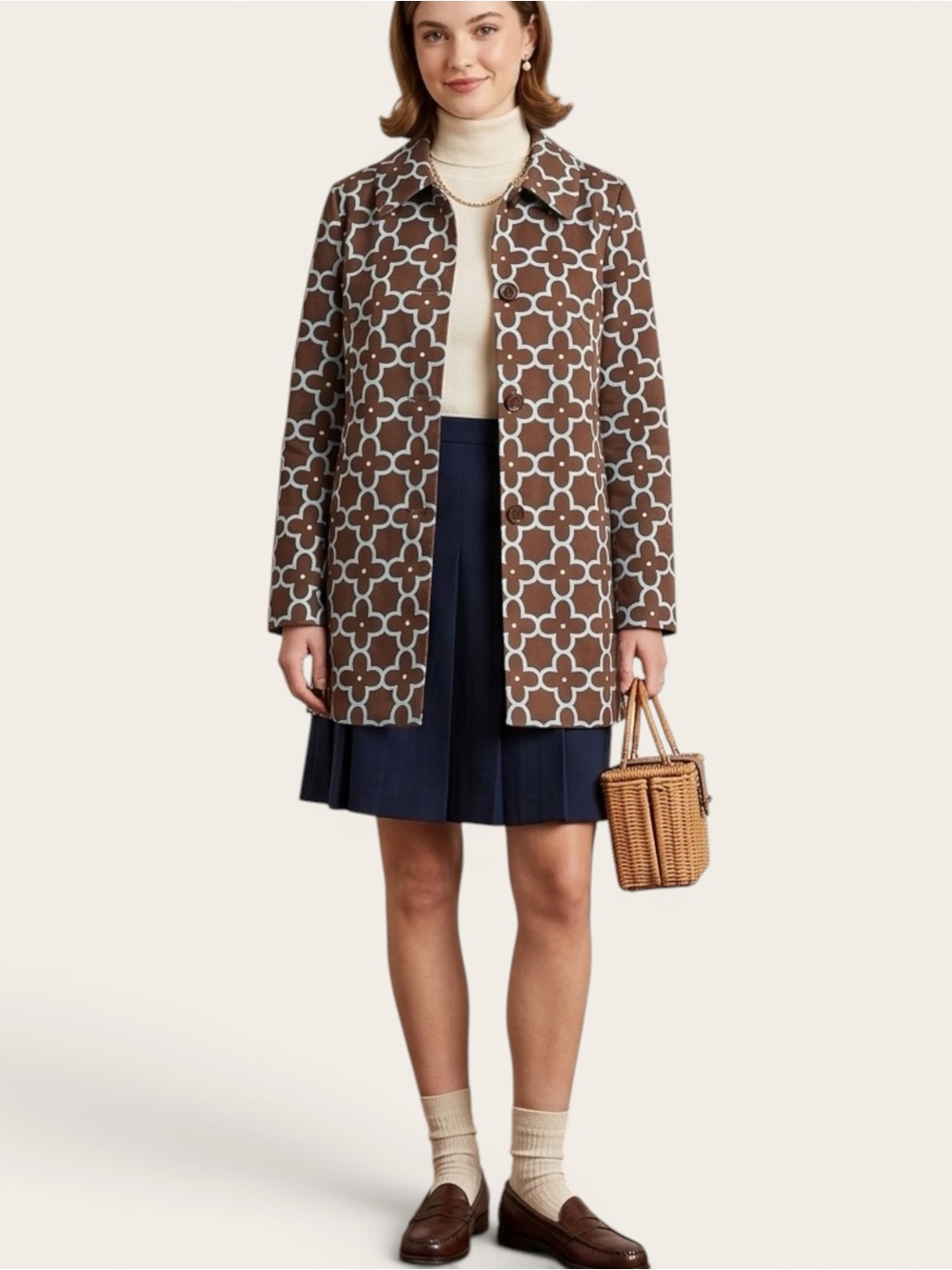 SKIRTIN AROUND New Canaan Brown/Lt. Blue Quatrefoil Mod Coat Size 4 Cotton Y2K